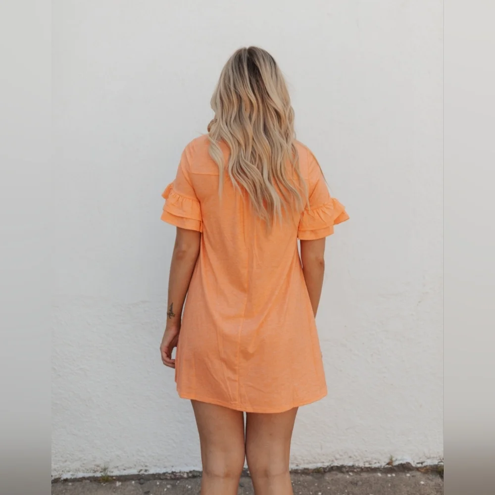 🧡☀️NWT New In "Sunny☀️Dress" Orange🧡 Ruffle Sleeves • Pocket on Chest • Large - Picture 3 of 11